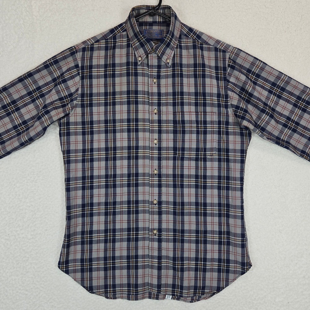 Vintage Pendleton Sir Pendleton Shirt Mens M Grey Blue Plaid Virgin Wool USA - Picture 3 of 11
